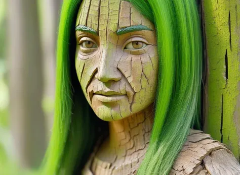 <lora:treebark-SDXL-s-exp:1>, a detailed woman made of tree bark, standing, detailed face, hands behind back, bark skin, treant, green hair, wood skin, brown skin, wood shirt <lora:PerfectEyesXL:1>, brown eyes, young, , action pose