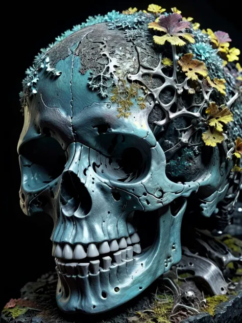 mechanical human skull, with some bones left, black background, dim light , realistic, hyper-detailed, 8k, photographic style, cinematic shot, hyper-detailed, 8k, (opalescent irradiance:1.25) and colorful energy, vibrant, highly detailed photographic style,   <lora:treebark-SDXL-s-exp:0.8> treebark, lichen, texture