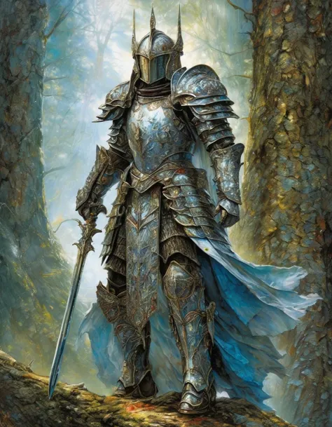 a painting of a knight in armor standing on a hill