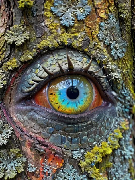 close shot on one side of a colorful eye, detailed, reflection, light skin, highly detailed, perfect eye, (opalescent irradiance:1.25) and colorful energy, vibrant, highly detailed photographic style,   <lora:treebark-SDXL-s-exp:0.8> treebark, lichen, texture