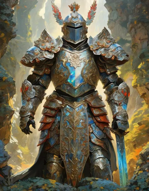 Xu Beihong, breathtaking artwork Epic wide angle illustration of holy paladin in armor made out of (opalescent irradiance:1.25) and colorful energy, vibrant, highly detailed,  <lora:treebark-SDXL-s-exp:0.8> treebark, lichen, texture