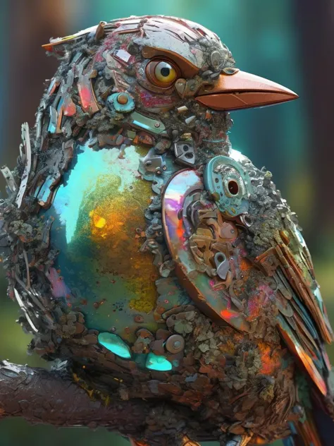 a close up of a bird, mechanical bird, 8K artstation trending, (opalescent irradiance:1.25) and colorful energy, vibrant, highly detailed, <lora:treebark-SDXL-s-exp:0.8> treebark, lichen, texture