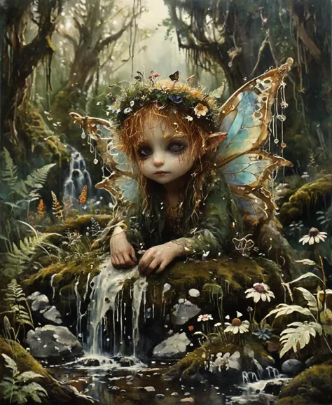 painting of a fairy sitting on a moss covered rock in a forest