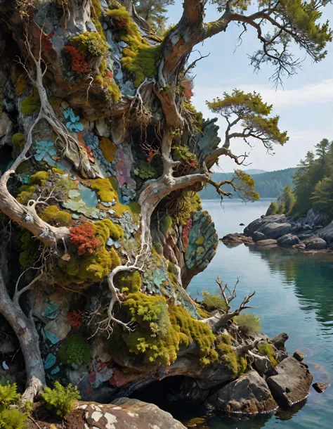 painting of a tree growing on a rock in the water