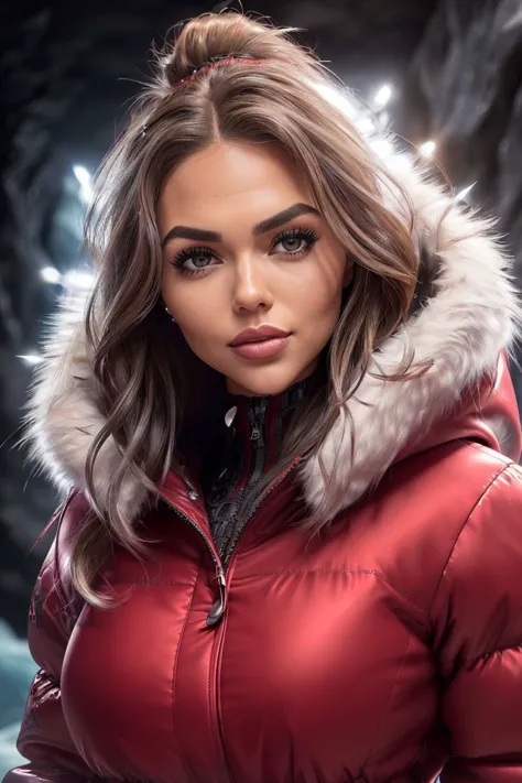closeup headshot of S098_EmilieRae, a stylish woman, in an (ice-cave), wearing a (red-parkas), (8k, RAW photo, best quality, dep...