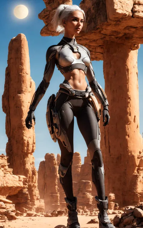 a woman in a futuristic suit standing in front of a rock formation