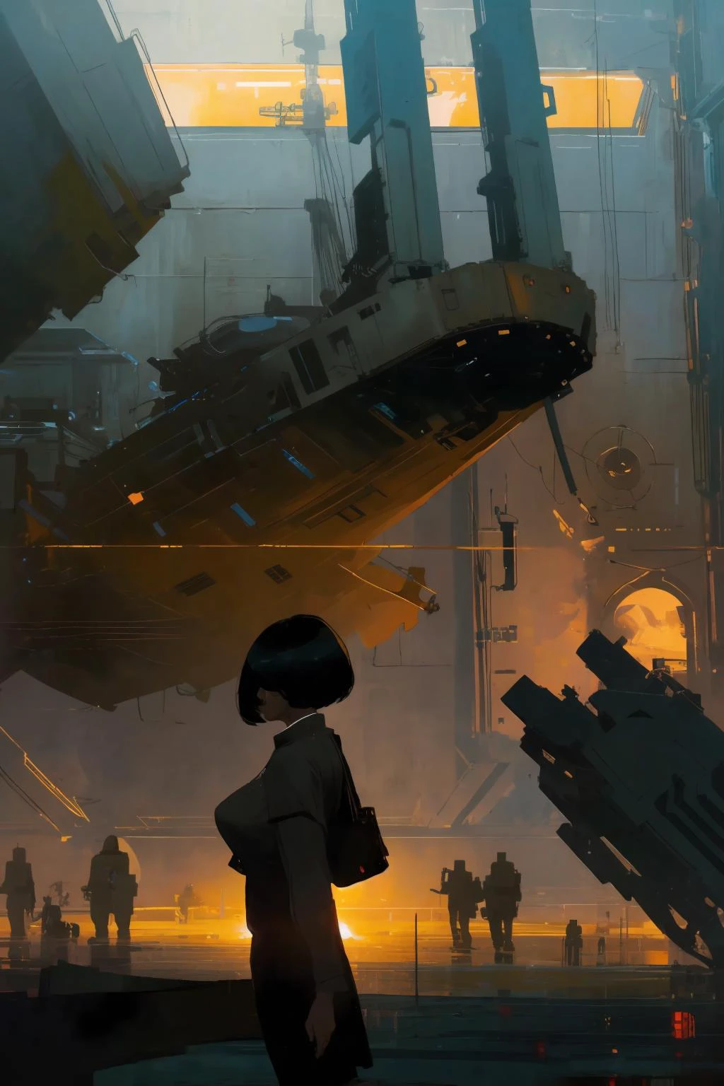 cinematic shot of 1 woman, bobcut 
 mechanical limbs,  
Andre Kohn
space ship, deck
cinematic lighting 
( best quality, masterpiece )
 