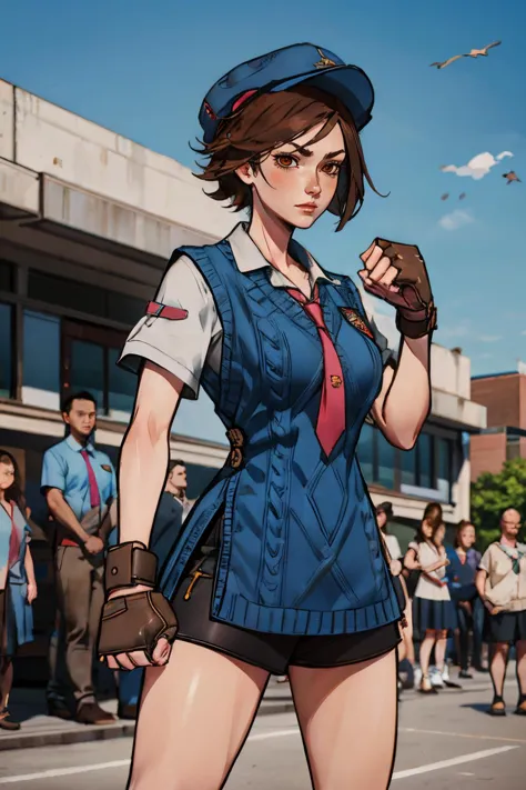 AsukaT8, brown eyes, short brown hair,blue hat, fingerless gloves, sweater vest, necktie, white collared shirt, rolled sleeves, shorts, looking at viewer, serious, fighting pose, fists, outside, school yard, crowd, blue sky, high quality, masterpiece <lora:asukaT8:.7>