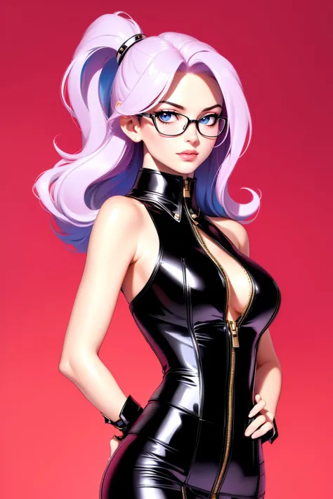 a woman in a black latex outfit and glasses