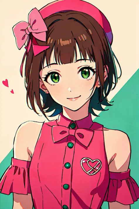 anime girl with pink hair and green eyes wearing a pink dress