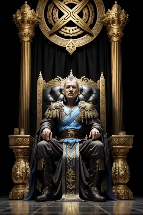 a close up of a man sitting on a throne with a crown