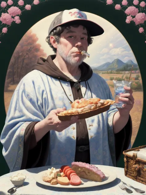 painting of a man holding a plate of food and a glass of water