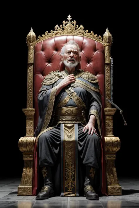 The Old King, sitting on a throne weakened by responsibility, served by those who wish for his passing, paranoid and wary he uses his power ruthlessly from a throne room filled with the spoils of war, the lines and wrinkles on the haggard face tell tales of deceit and treachery, what would he be now without the burden of rule?