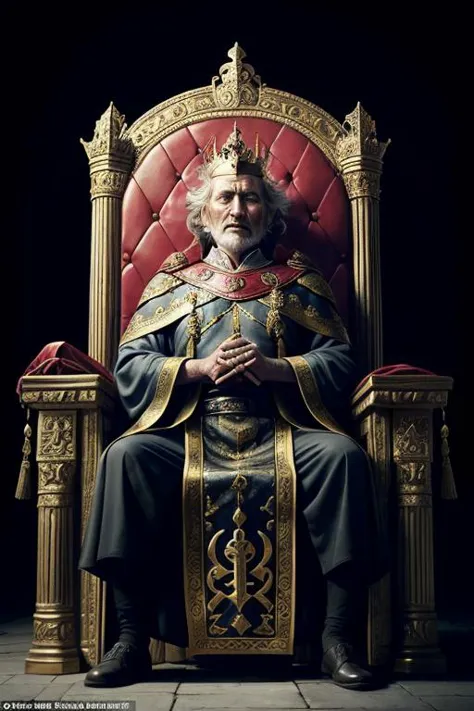 a man sitting on a throne with a crown on top of it