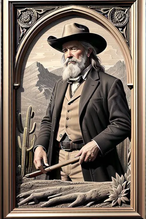 painting of a man in a suit and hat holding a hammer