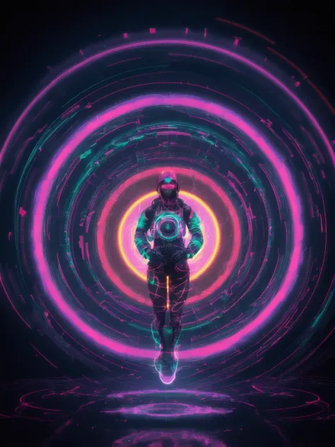 a man in a futuristic suit running through a tunnel of neon lights