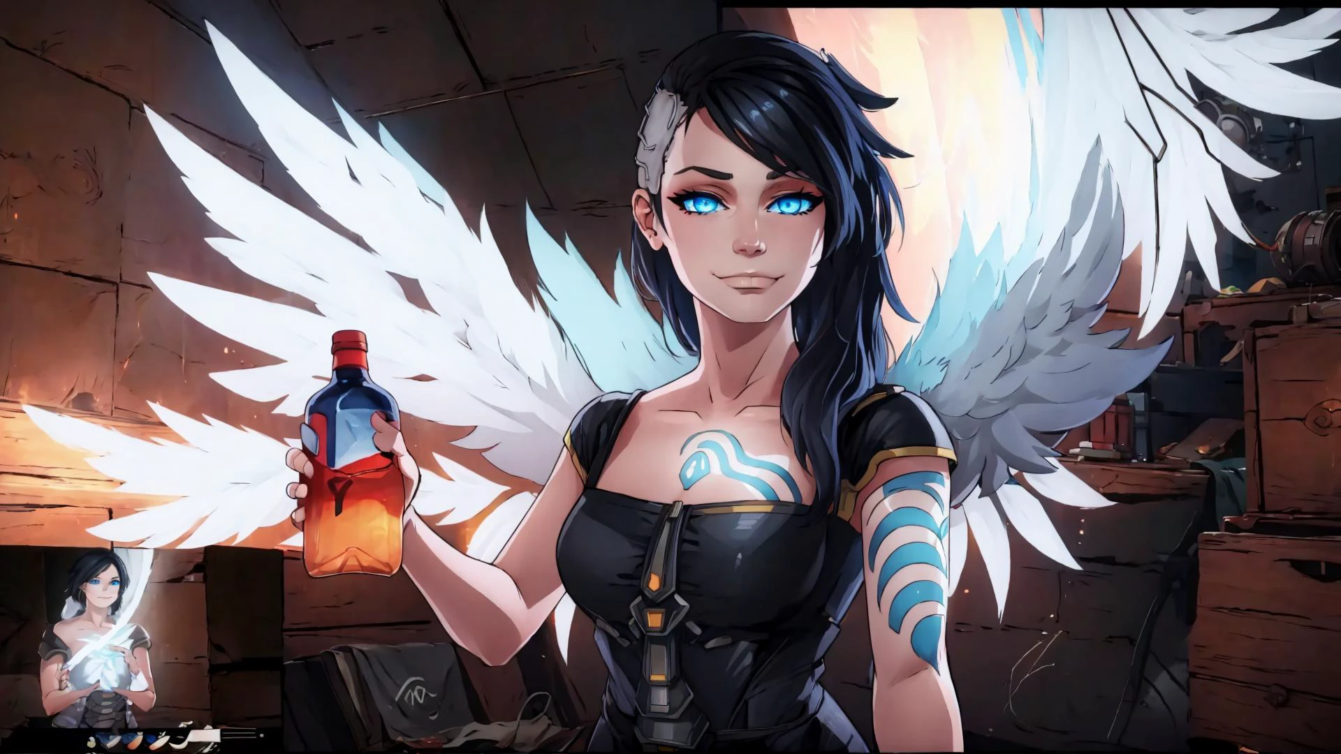 frierenthrilled, (smug:1.15), (holding, holding bottle:1.15), outstretched arm, BREAK, angelbl, blue eyes, black hair, sidecut, glowing tattoo, feathered wings, BREAK,, masterpiece, best quality, extremely detailed, highly quality, 4k, sharp focus, professional, sharp focus, award winning, cinematic lighting, octane render, unreal engine, volumetrics dtx, Wallpaper,