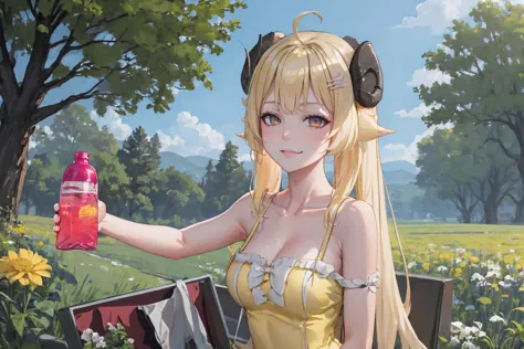 (masterpiece, best quality:1.2), upper body, solo, 1girl, tsunomaki watame, frierenthrilled, smug, holding bottle, outstretched arm, long hair, (yellow sundress:1.1), outdoors, flower field <lora:Char_VTuber_TsunomakiWatame:0.8> <lora:concept_frierenthrill...