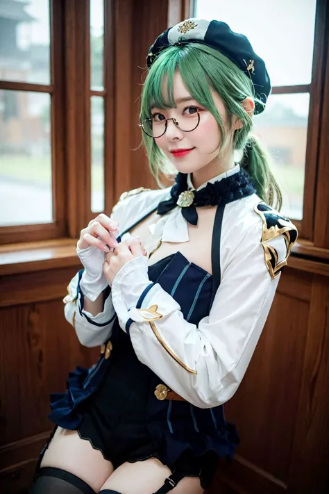 <lora:sucrose:0.8>, 1girl, sucrose \(genshin impact\), smile, vision \(genshin impact\), glasses, green hair, multicolored hair, long hair, ponytail, orange eyes, animal ears, hat, dress, long sleeves, gloves, garter straps, black thighhighs, test tube, dynamic angle, dynamic pose,, (8k, RAW photo, best quality, masterpiece:1.2), High detail RAW color photo, professional photograph, cowboyshot, (realistic, photo realistic:1.37), ((best quality)), (looking at viewer:1.2),