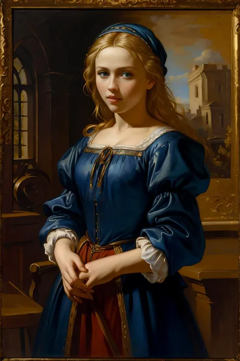 best quality, masterpiece, oil painting on canvas, (a painting of<lora:opt-graciedzienny:1>opt-graciedzienny by Crvgg, blonde hair, blue eyes), wearing a peasant outfit, long loose hair, <lora:caravaggio_resize:1> Crvgg