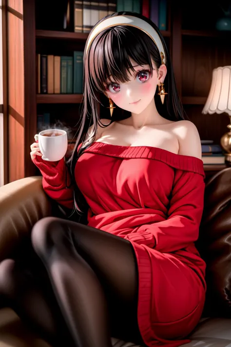 yor briar,1girl,bangs,black pantyhose,book,bookshelf,breasts,cleavage,coffee,coffee mug,cup,earrings,gold earrings,gold hairband,hairband,jewelry,long hair,long sleeves,looking at viewer,medium breasts,mug,off-shoulder sweater,off shoulder,out of frame,pantyhose,plant,red eyes,red sweater,smile,solo,sweater,white hairband,window,Best quality,masterpiece,ultra high res,yor briar,royal,detailed,exquisite,focused,cinematic,amazing composition,beautiful light,shiny,fabulous,pretty background,stunning delicate,elegant,