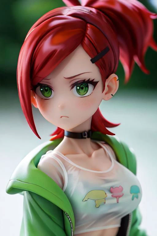 Sheer shirt, loose clothes, ponytail, Red hair, choker, hairclip, black choker,  green jacket,  , Frankie Foster,  , upper body, cropped top, close up,