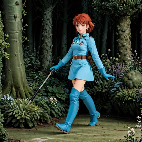 Nausicaa,1fille,
bleu_robe,Long_manches,
bleu gloves,
guêtres,
genou_bottes,
tout le corps,
fongique_forêt,