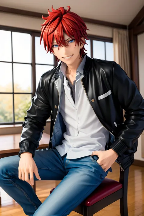 (masterpiece), best quality, expressive eyes, perfect face, realistic, blue eyes, red hair, solo, 1boy, rinne, white shirt, shir...