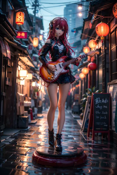 a woman with red hair and a guitar stands on a street