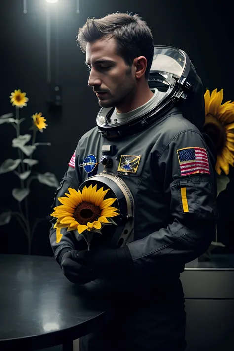 stunning photorealistic of an astronaut holding a sunflower, dark theme, dark scene, dark atmosphere, masterpiece, high detail, best quality, raw photo, (photorealistic:1.4), (hdr:1.4)