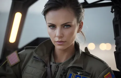 model style,wide frame photo ((full length)) of a sexy girl US Air Force pilot resembling Charlize Theron in her youth, complex,...