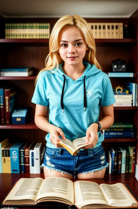 tv_Elsa_Jean_PS_V16, , intense expression, wearing shorts and a hoodie, reading a book in a huge old library, full body shot,,  ...