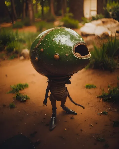 a close up of a toy alien with a green ball on its head