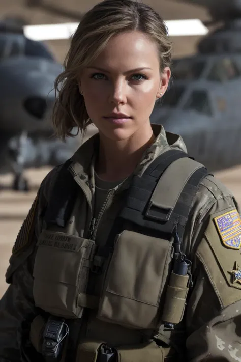 model style,wide frame photo ((full length)) of a sexy girl US Air Force pilot resembling Charlize Theron in her youth, complex,...