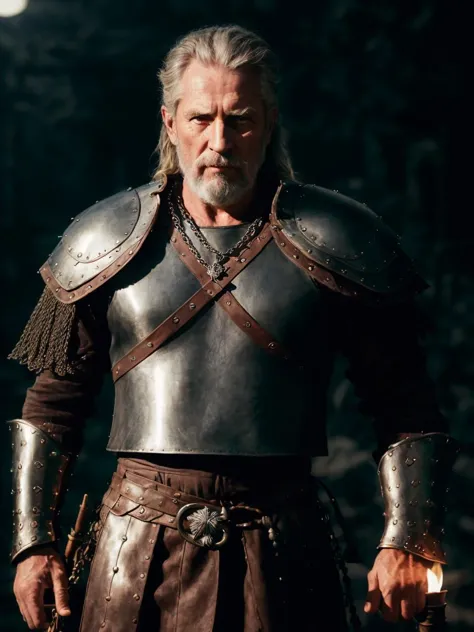 (Highest quality:1.3), cinematic shot, masterpiece, (sharp focus:1.5), (photorealistic:1.3),  medium portrait of (a weary-looking but still proud and fierce-looking old Viking warrior, now the leader of his village, dressed in elaborately detailed chain mail and leather armour, a few torches burn on the walls, giving the scene a dark atmosphere but sculpting the forms in sharp chiaroscuro), it is night time, (highly detailed skin),  (detailed face), detailed background, dark lighting, twilight lighting, volumetric lighting,  intricate details, UHD,  <lora:epiNoiseoffset_v2:1.5>