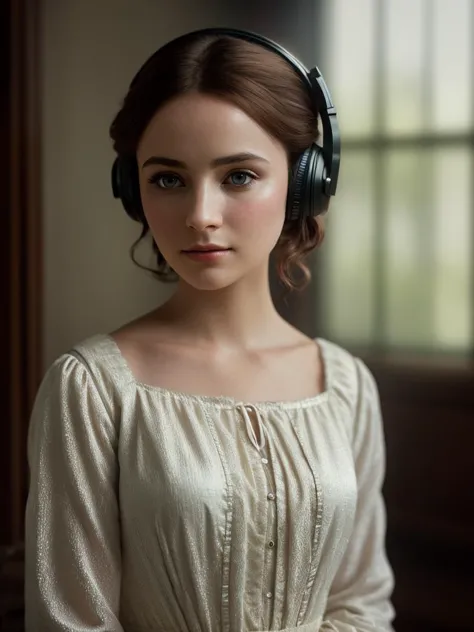 (Highest quality:1.3), cinematic shot, masterpiece, (sharp focus:1.5), (photorealistic:1.3), portrait of Jane Eyre with headphon...