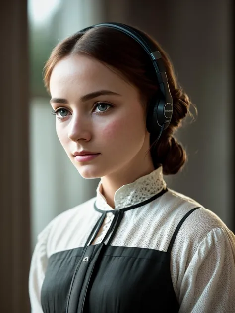 (Highest quality:1.3), cinematic shot, masterpiece, (sharp focus:1.5), (photorealistic:1.3), portrait of Jane Eyre with headphon...