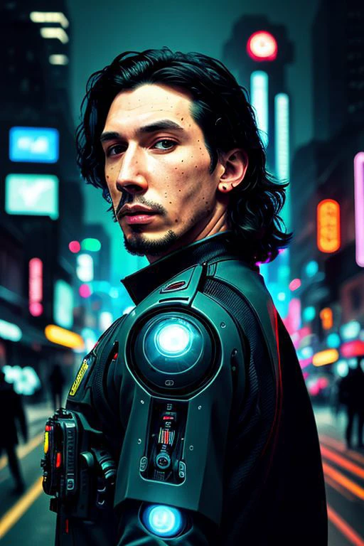Masterpiece adam driver, upper body, perfect face, beautiful mouth, beautiful eyes, half long hair, look over shoulder, cyborg, robot, morph, street, neon lights, cinematic, futuristic city, vivid details, robotic bionic features, dystopian, hyperrealistic, real photo shoot, 8k