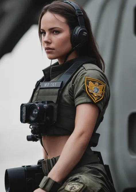 model style,wide frame photo ((full length)) of a sexy girl US Air Force pilot resembling Charlize Theron in her youth, complex,...