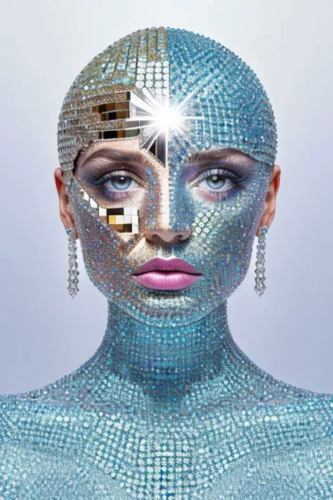 Woman, skin made of mirrors, crystals and diamonds in different sizes an colors, hyperrealistic, real photo shoot, 8k