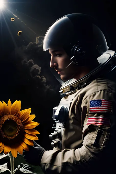 stunning photorealistic of an astronaut holding a sunflower, dark theme, dark scene, dark atmosphere, masterpiece, high detail, ...