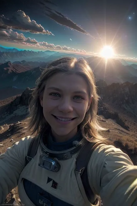 masterpiece, (gopro shot of Claire Danes dark eyes smiling girl), upper body, (in space,outdoors,sun flare,mountain, valley, sky, clouds), (intricate, octane render, highly detailed, 8k, hdr, uhd, high quality, professional, Unreal engine,Trending on artstation), soft lighting, by Peter Mohrbacher, with bright colors