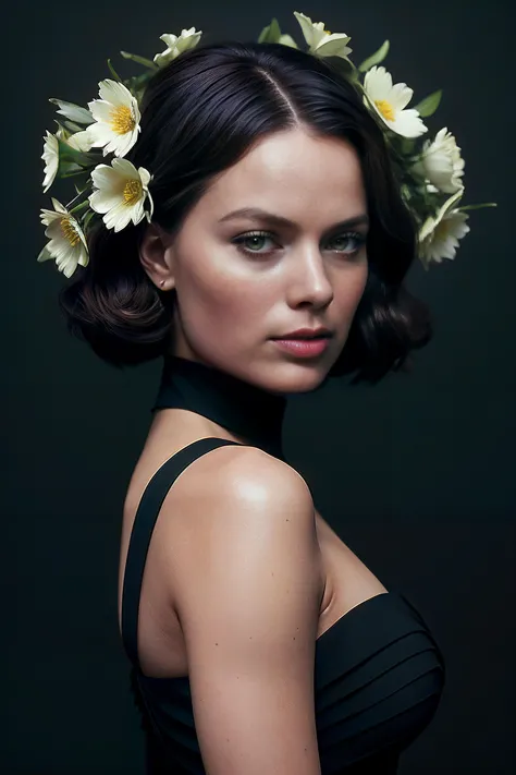 A beautiful Margot Robbie in a black dress made out of flowers, art by Ilya Kuvshinov, concept art, digital painting, trending o...