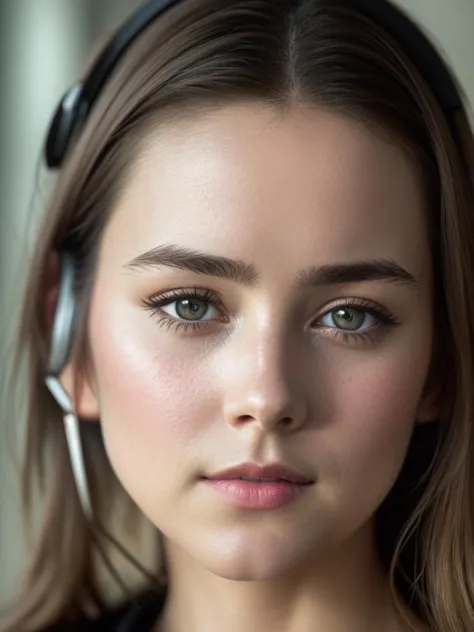 a close up of a woman wearing headphones and a black shirt