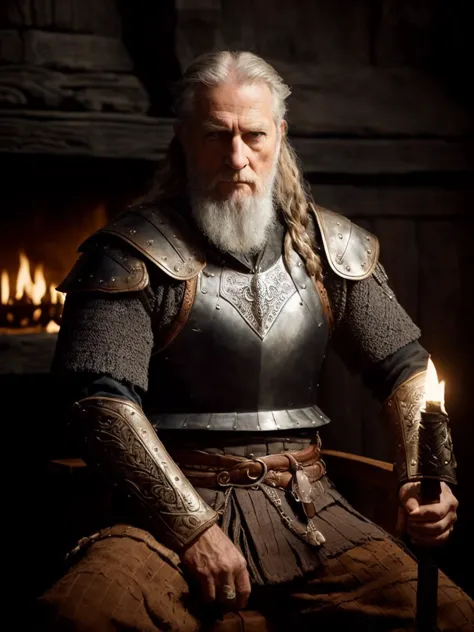 Highest quality, masterpiece, photorealistic, medium shot, RAW photo, of (a weary-looking but still proud and fierce-looking old Viking warrior, now the leader of his village, dressed in elaborately detailed chain mail and leather armour, sitting on a carved wooden throne furrowed with Viking runes and symbols, in the village meeting hall, on his lap rests an elaborately carved and beautifully crafted longsword, a few torches burn on the walls, giving the scene a dark atmosphere but sculpting the forms in sharp chiaroscuro), it is night time, (highly detailed skin), skin texture, (detailed face), detailed background, sharp focus, dark lighting, twilight lighting, volumetric lighting, highly detailed, intricate details, 8k, highly detailed, UHD, HDR <lora:epiNoiseoffset_v2:1.5>