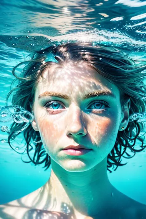 Head looking out of the sea, pretty face, waves, sunlight, air bubbles, hyperrealistic, real photo shoot, 8k, aqua, underwater, ...