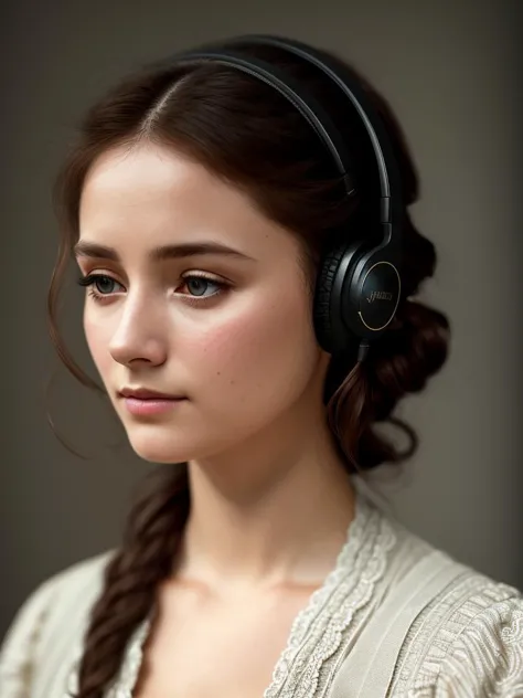 Jane Eyre with headphones, natural skin texture, 24mm, 4k textures, soft cinematic light, adobe lightroom, photolab, hdr, intric...