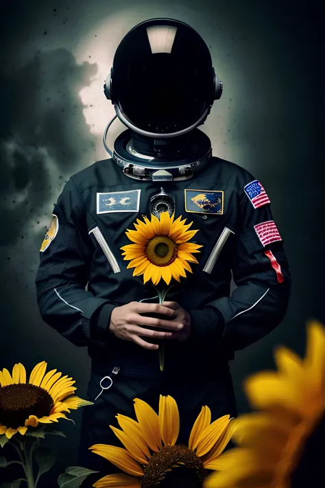 stunning photorealistic of an astronaut holding a sunflower, dark theme, dark scene, dark atmosphere, masterpiece, high detail, ...