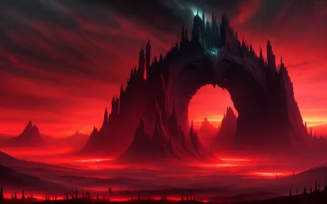 fantasy dystropic landscape, humans dying, night, red sky