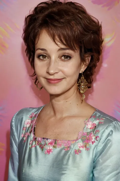 a close up of a woman with a blue dress and earrings